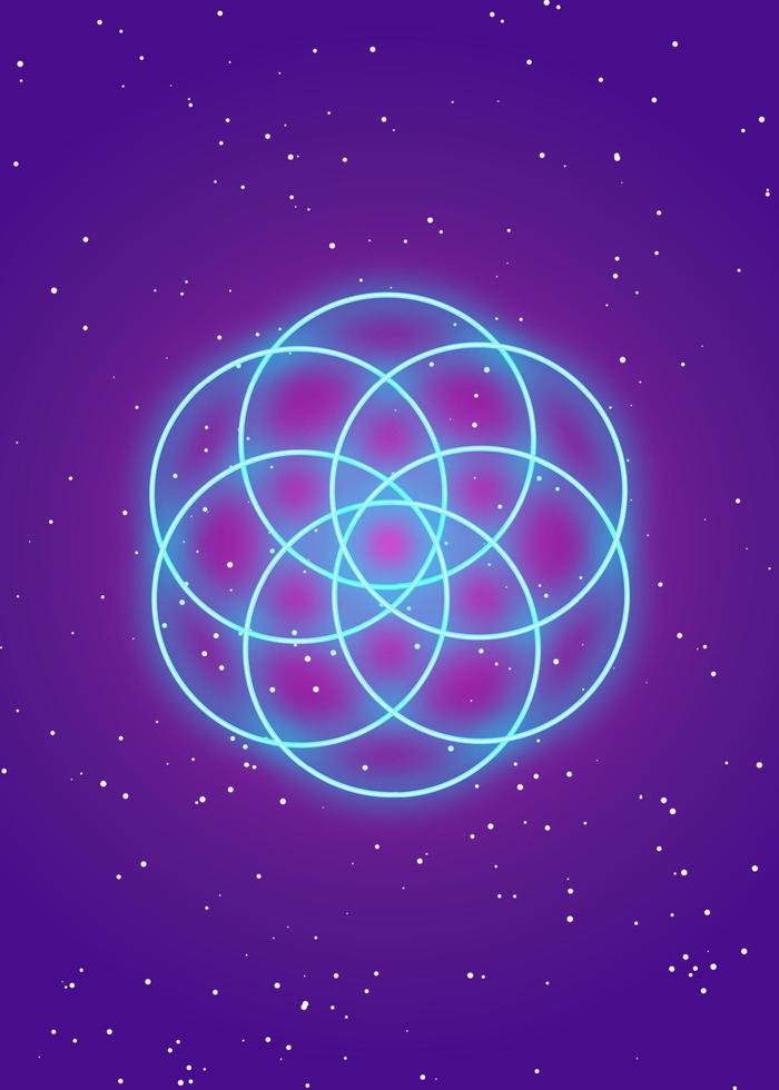 semente flor do ícone de lótus da vida, geometria sagrada da mandala yantra, símbolo de néon psicodélico brilhante de harmonia e equilíbrio. talismã místico futurista isolado no fundo roxo estrelado vetor