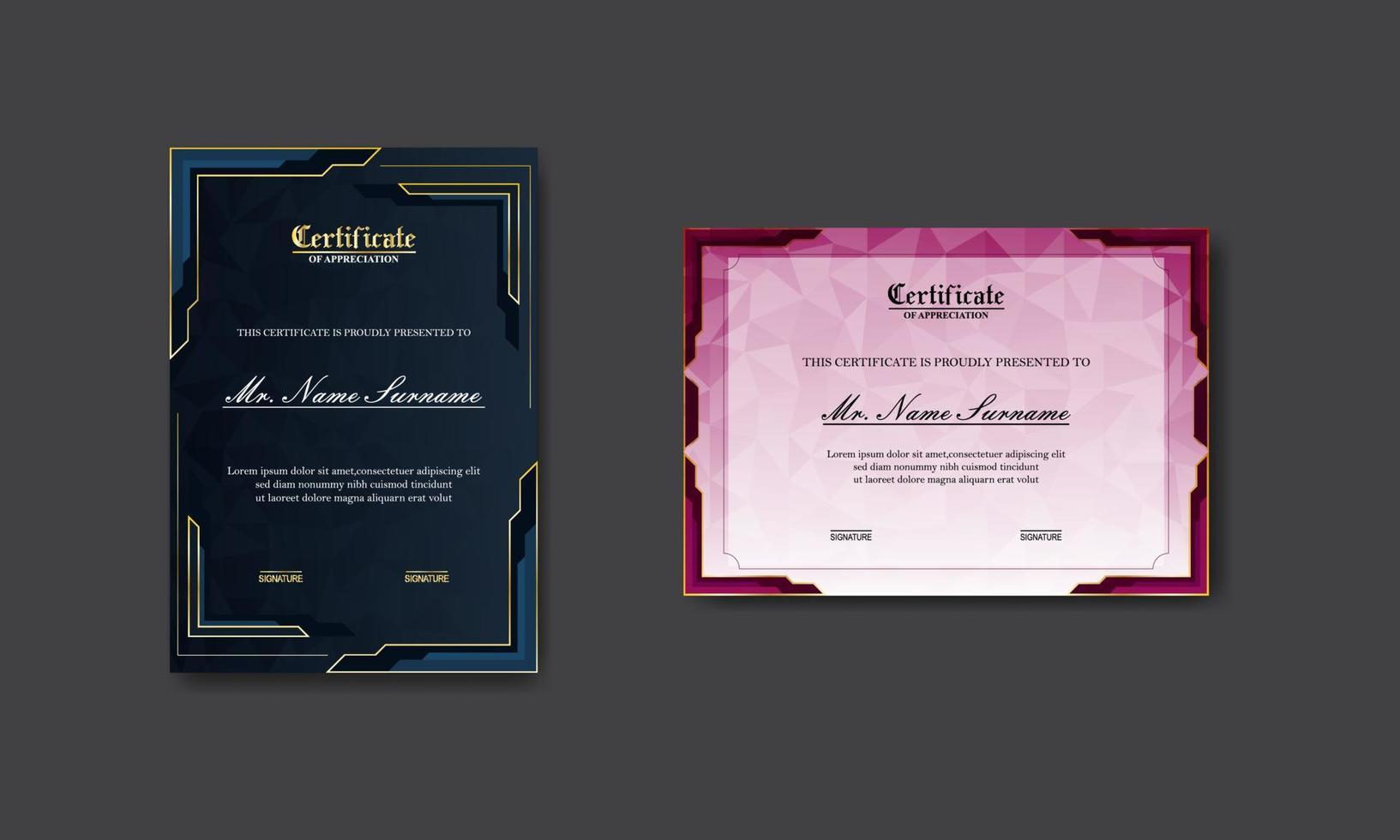 conjunto moderno e elegante de design de certificado de prêmio vetor