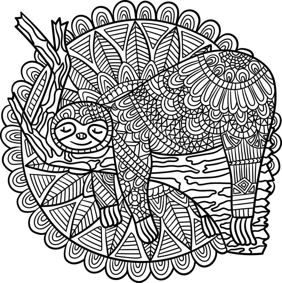 desenhos de preguiça dormindo em uma mandala de galho para colorir vetor