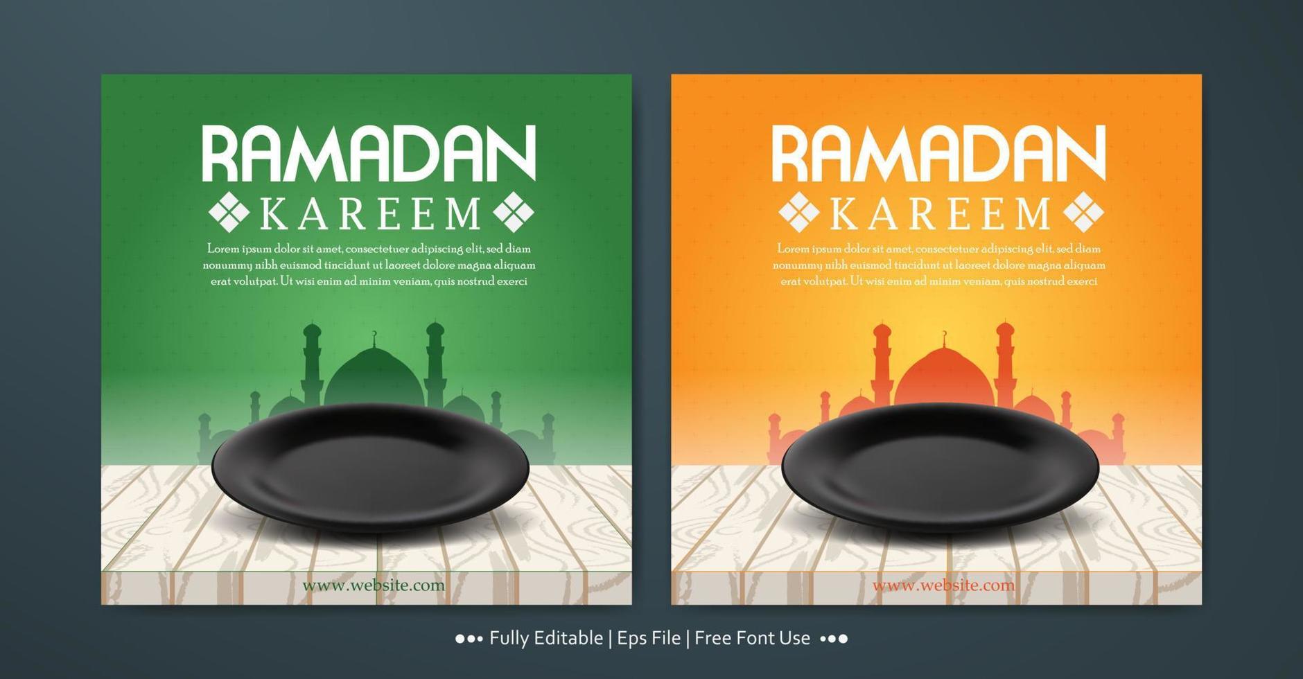 ramadan kareem com coleção de modelo de banner quadrado de prato vazio vetor