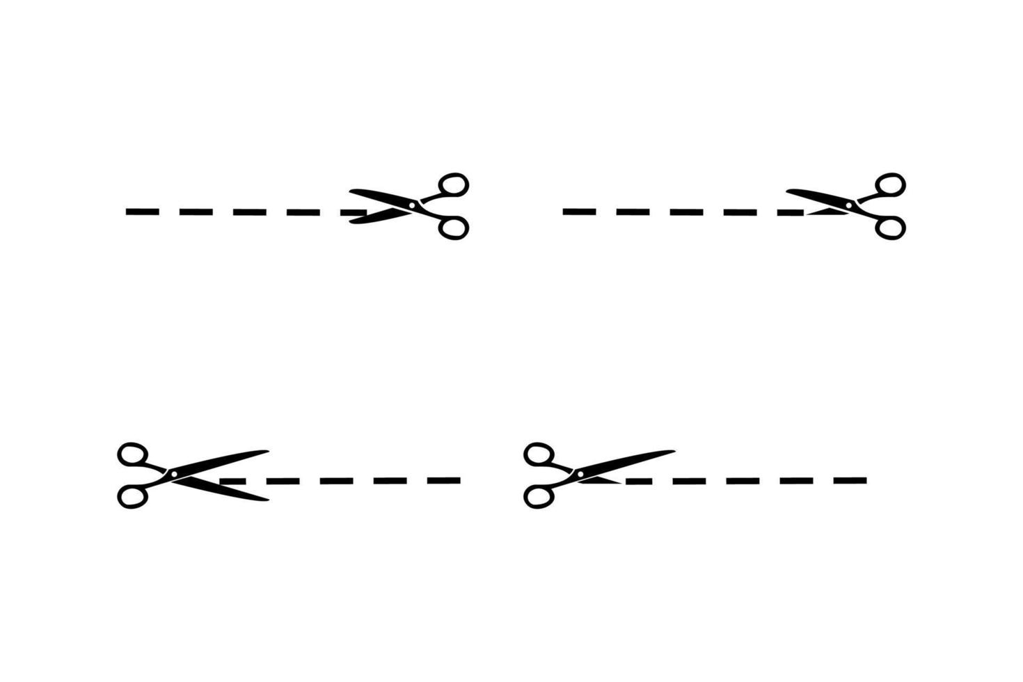 conjunto de tesouras com linhas de corte. corte de tesoura preta. ícones vetoriais. vetor