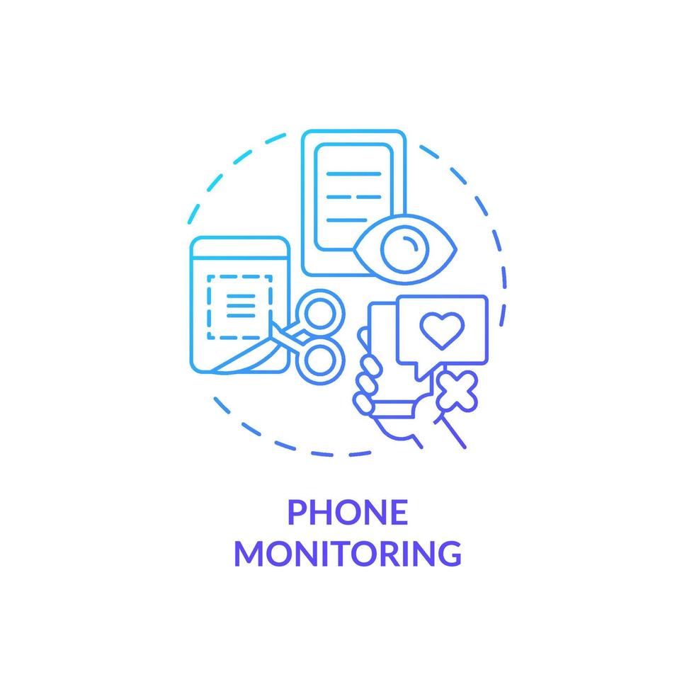 ícone de conceito gradiente azul de monitoramento de telefone. aplicativo de celular para rastrear a atividade móvel. empregado monitorando a ilustração de linha fina de idéia abstrata. desenho de cor de contorno isolado de vetor