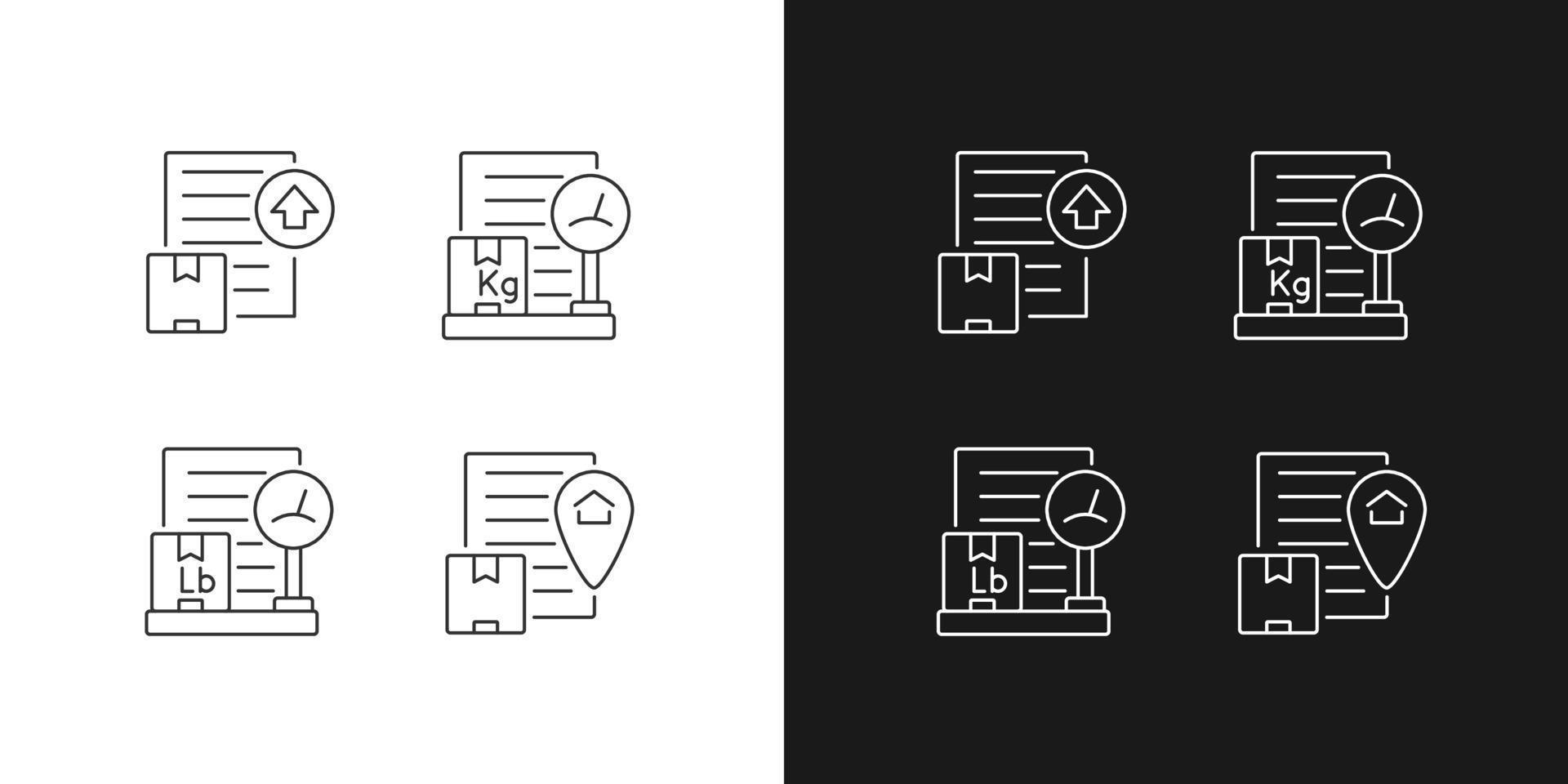 ícones lineares da empresa de negócios de entrega internacional definidos para o modo escuro e claro. cálculo do custo de envio de encomendas. símbolos de linha fina personalizáveis. ilustrações de contorno de vetor isolado