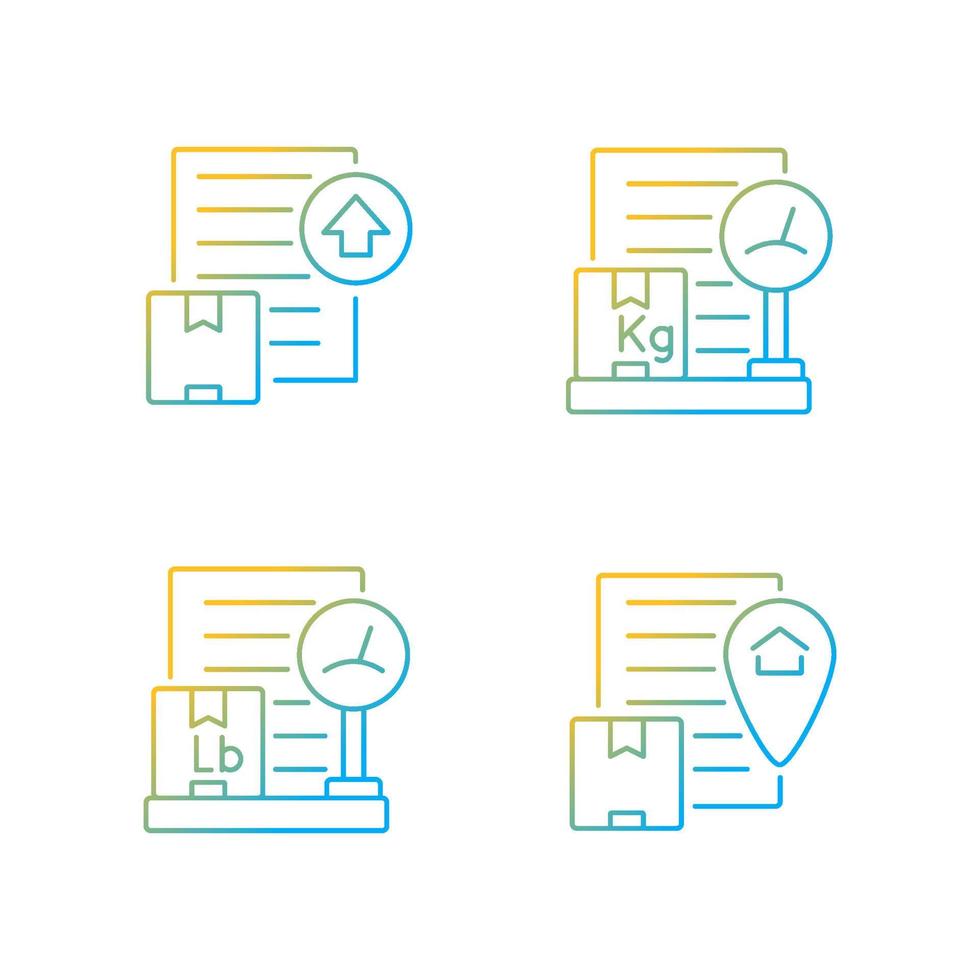 conjunto de ícones de vetor linear gradiente de documentos de remessa internacional. lista de embalagem, certificado de origem e licença de exportação. pacote de símbolos de contorno de linha fina. coleção de ilustrações de contorno isolado