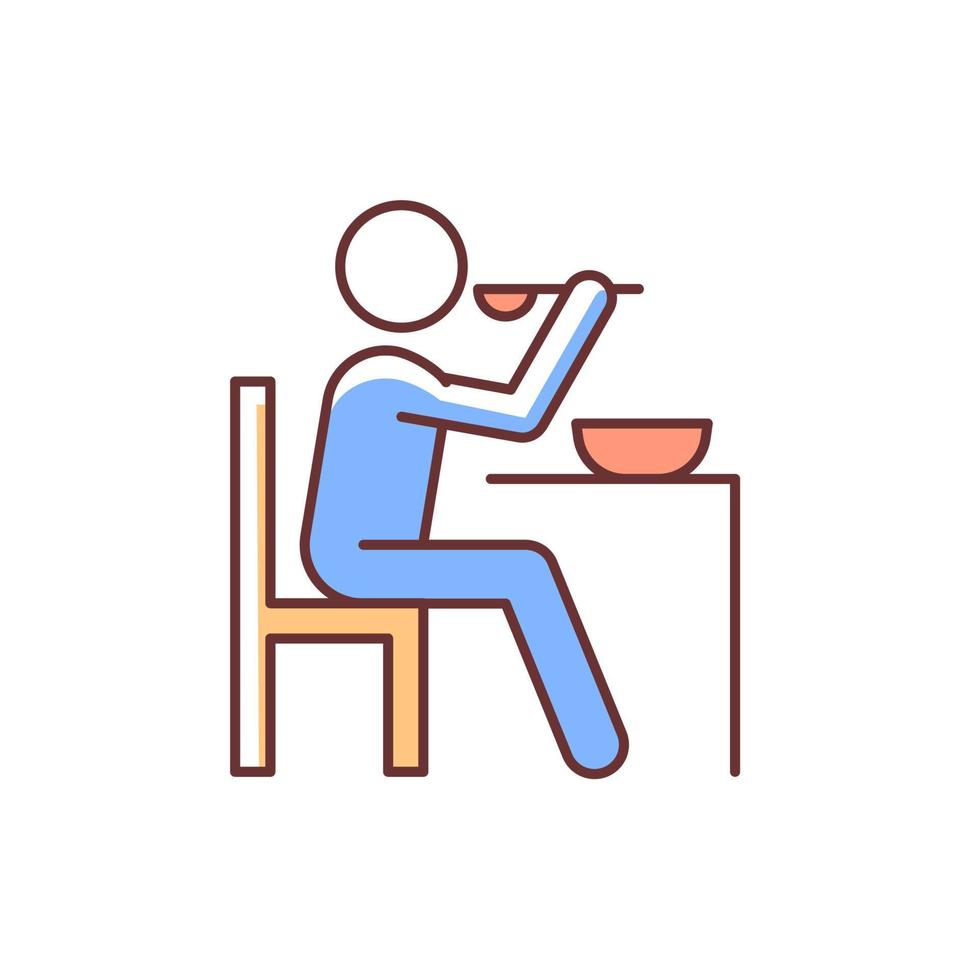 coma o ícone de cor rgb. homem jantando. comida, preparação de refeições. cozinhar em casa. jantando à mesa. Hábitos alimentares saudáveis. ilustração vetorial isolado. desenho de linha preenchido simples vetor