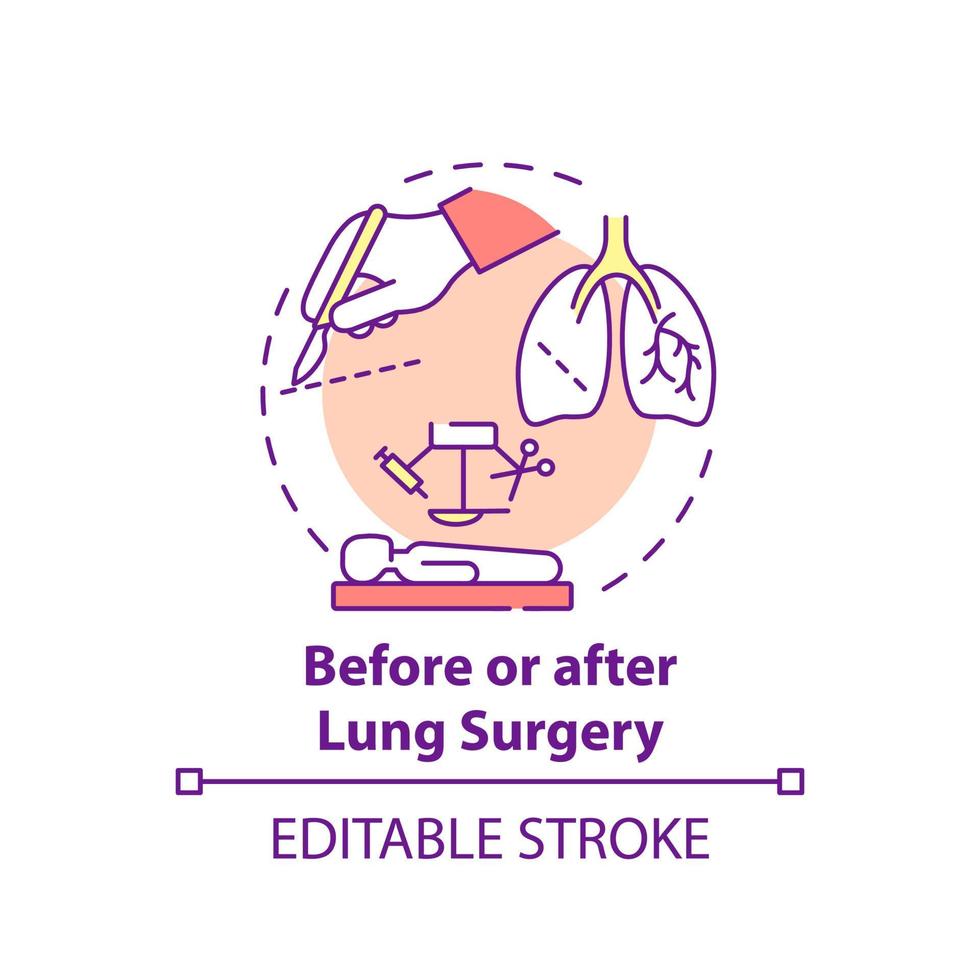 antes e depois do ícone do conceito de cirurgia pulmonar. ilustração de linha fina de idéia abstrata de operação pulmonar. preparação e recuperação. tratamento do câncer. desenho de cor de contorno isolado de vetor. traço editável vetor