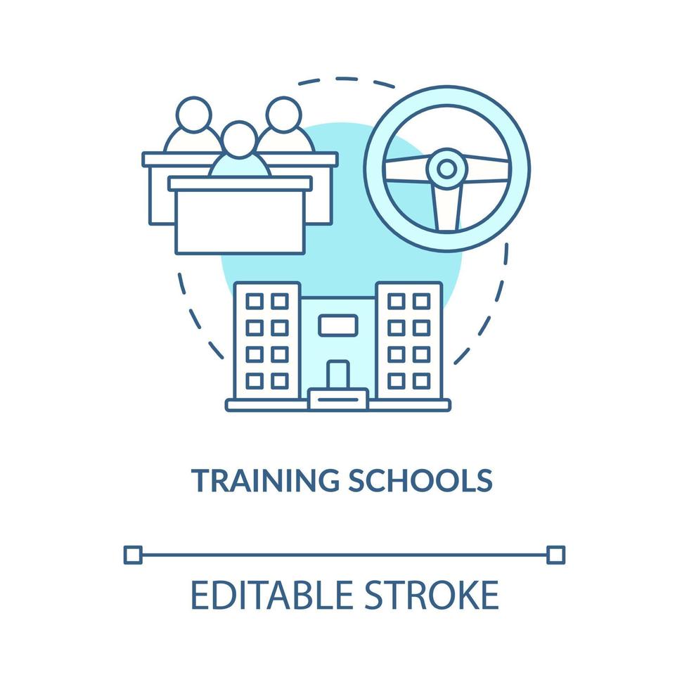 ícone de conceito azul de escolas de treinamento. curso de condução para adolescentes idéia abstrata ilustração de linha fina. estudantes adolescentes. regras de trânsito rodoviário. desenho de cor de contorno isolado de vetor. traço editável vetor