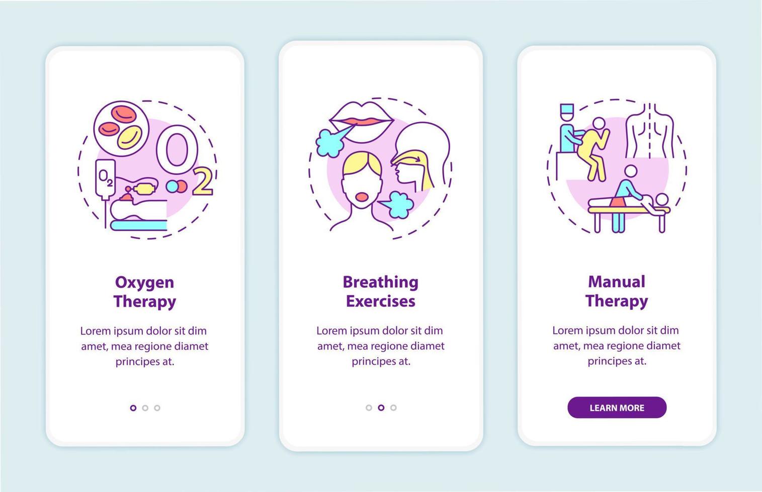 tela da página do aplicativo móvel de integração da reabilitação respiratória. terapia de recuperação passo a passo 3 passos instruções gráficas com conceitos. modelo de vetor ui, ux, gui com ilustrações coloridas lineares