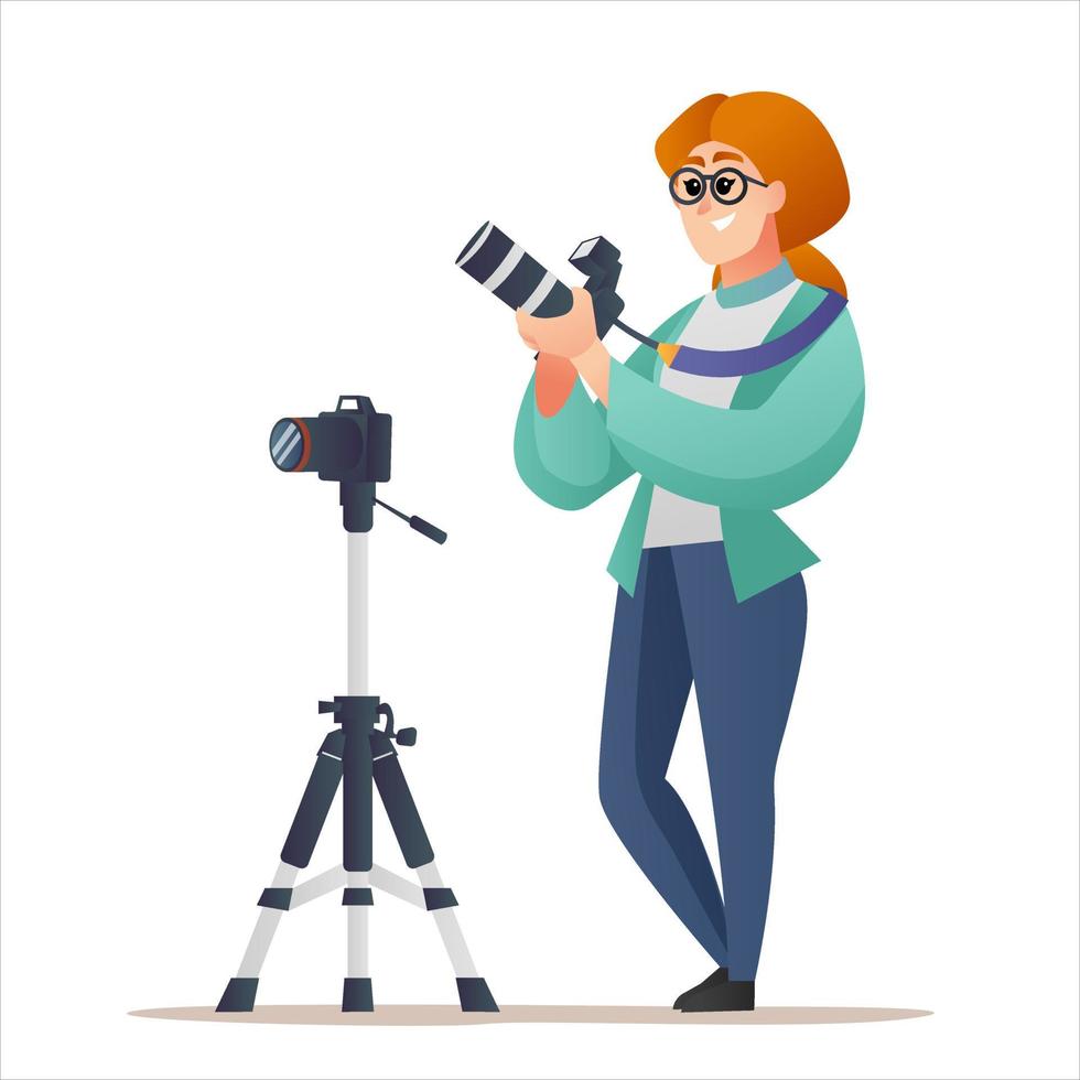 fotógrafo profissional feminino segurando a câmera com conceito de tripé vetor