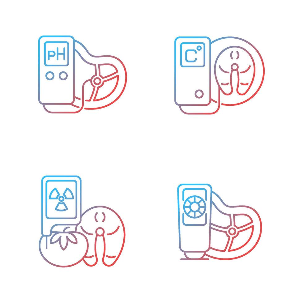 conjunto de ícones de vetor linear gradiente de equipamento de teste de alimentos. tecnologia científica para análise de produtos. vários detectores. pacote de símbolos de contorno de linha fina. coleção de ilustrações de contorno isolado