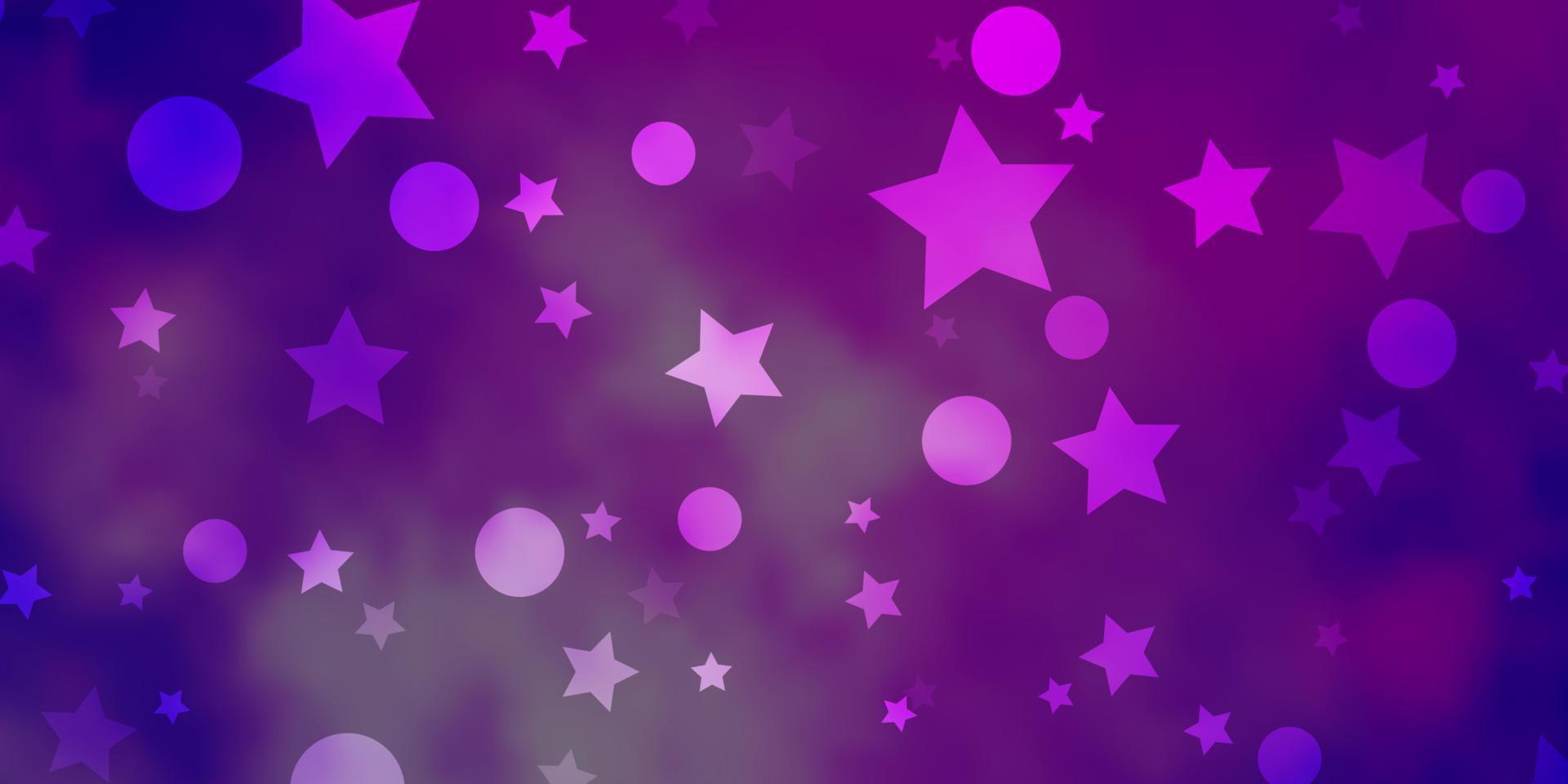 pano de fundo vector roxo claro com círculos, estrelas.