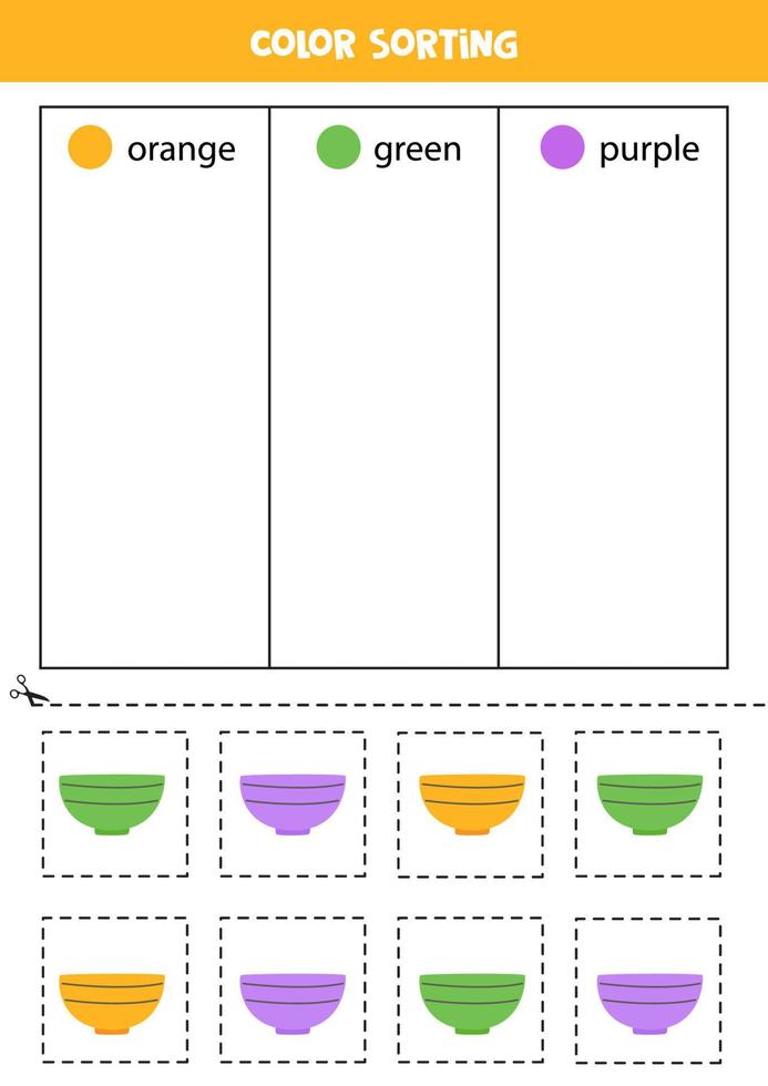 classificar tigelas por cores. aprendendo cores para crianças. vetor