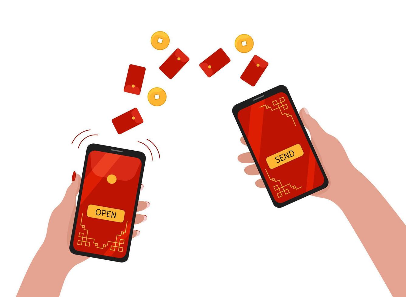 Hongbao digital enviando por smartphone. transferência online de dinheiro chinês. Hongbao, presente tradicional de angpao na china. celulares nas mãos das pessoas. ilustração vetorial plana vetor