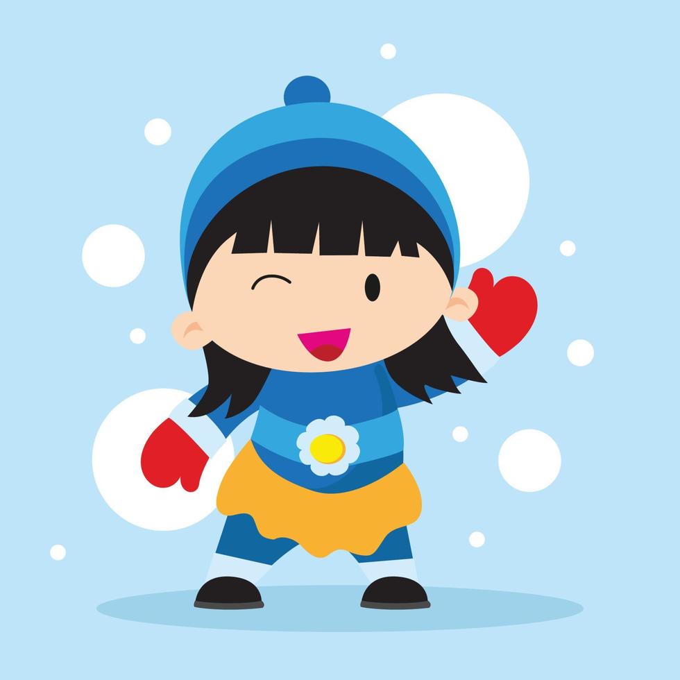 linda personagem linda garota palying no inverno com neve e fundo azul claro vetor