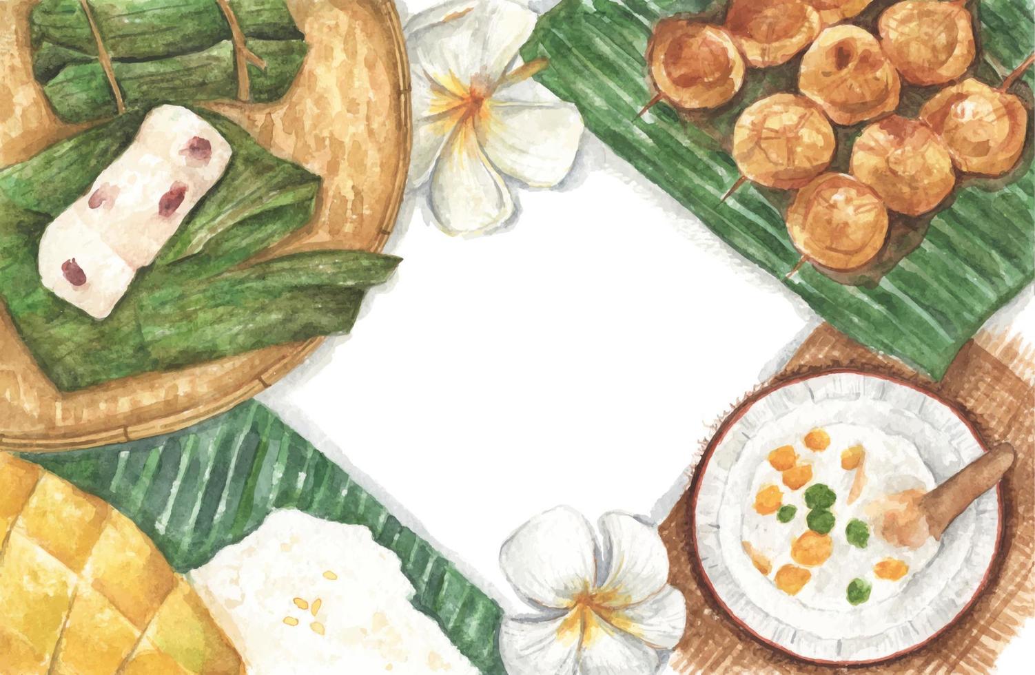 sobremesas tailandesas, vista superior com espaço de cópia para o seu texto. ilustração em aquarela. vetor
