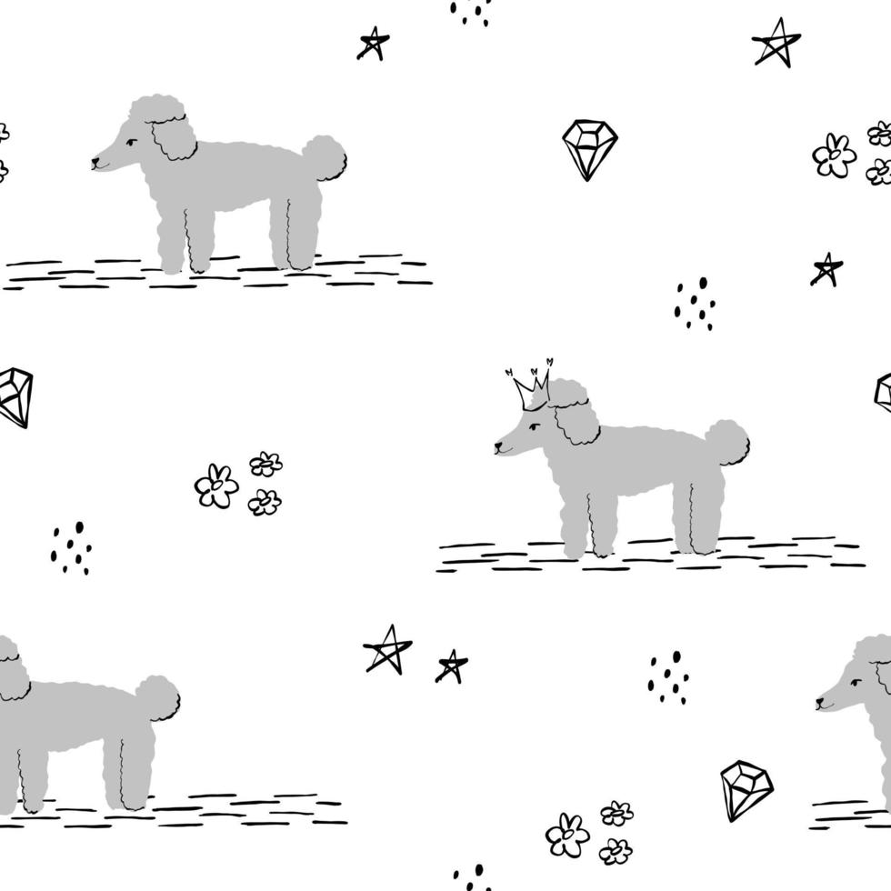 padrão de cão bonito com flores de poodle estrelas. papel branco para scrapbooking, doodle animal de estimação. vetor