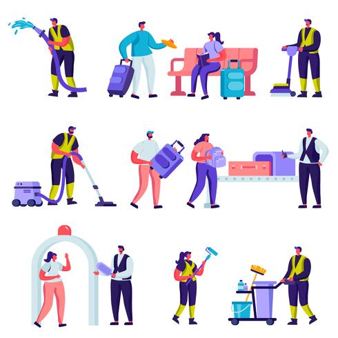 Conjunto de turistas plana e pessoal de serviço de limpeza em caracteres do aeroporto. Ferramentas de viagem de pessoas dos desenhos animados, bagagem, carrinho e Smartphones, equipamento de limpeza. Ilustração vetorial. vetor