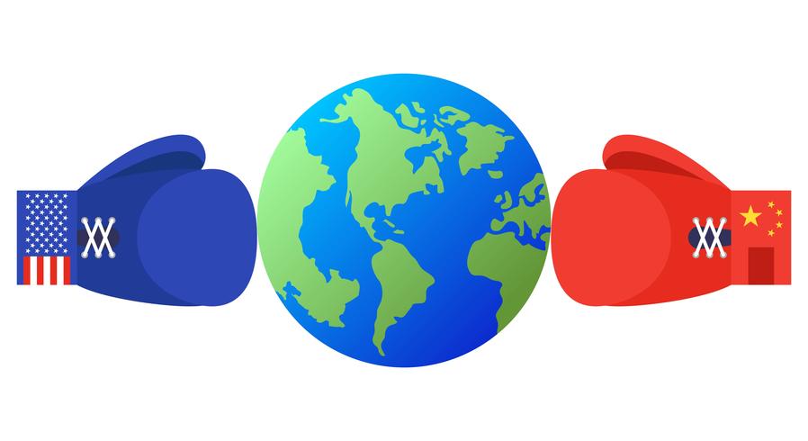 Terra entre luvas de boxe azul e vermelho com Estados Unidos e a bandeira da China vetor