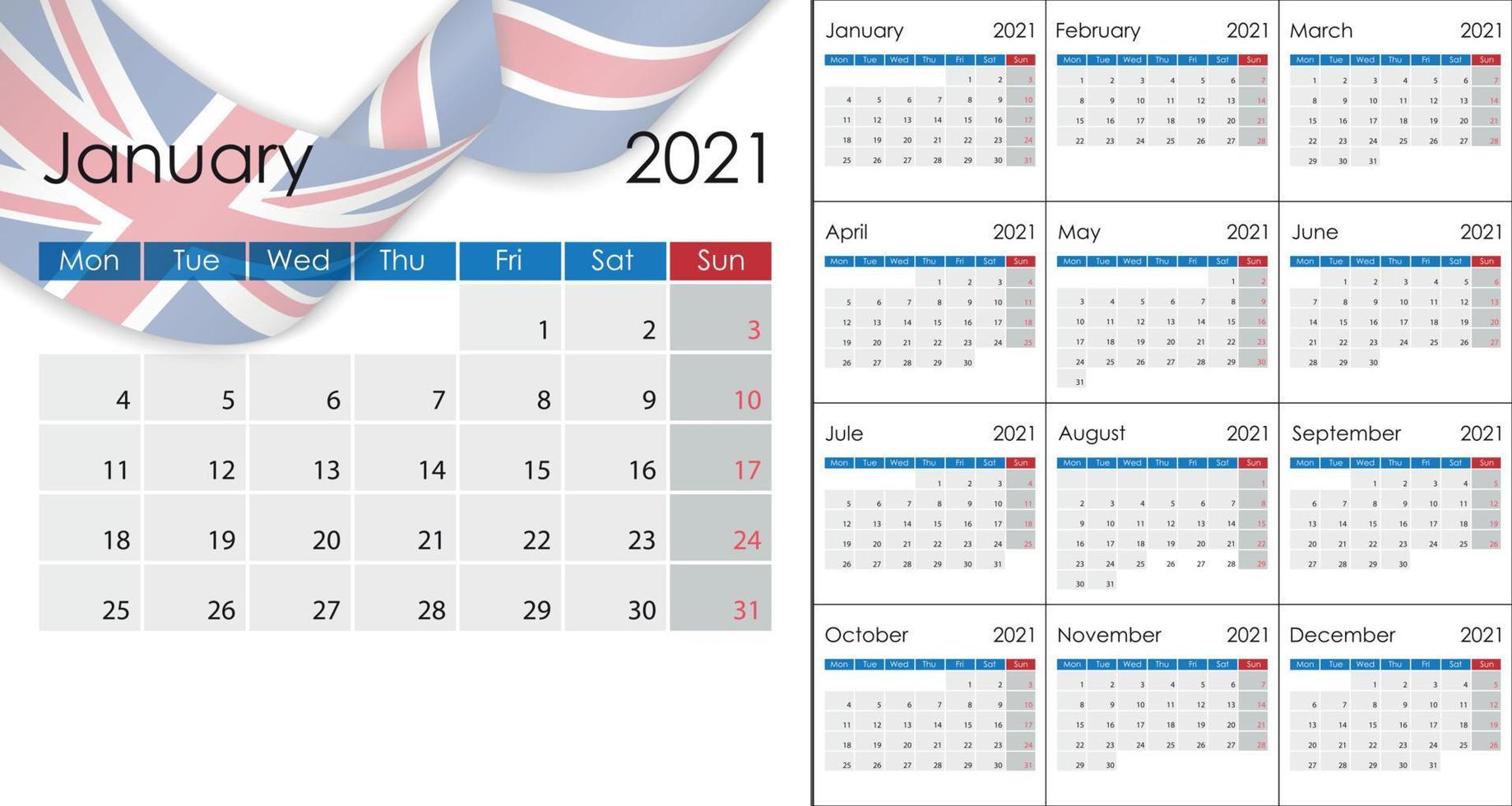 calendário simples 2021 no idioma inglês, início da semana na segunda-feira. vetor