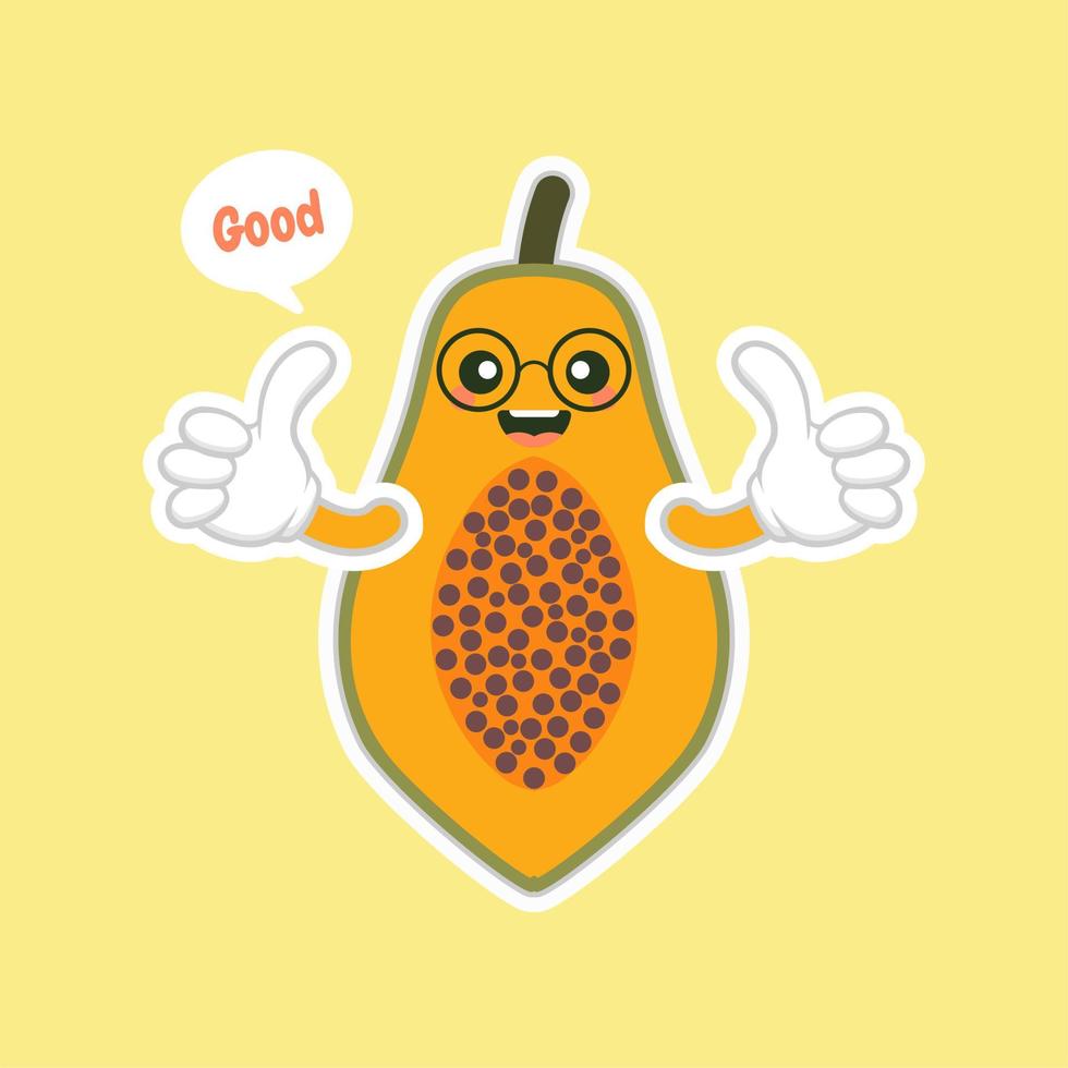 personagens de mamão estilo cartoon fofos e kawaii para comida saudável, vegan e design de culinária. mamão de frutas tópicas, vitaminas e nutrição, ingrediente de bebida de alimentos e sucos saudáveis vetor