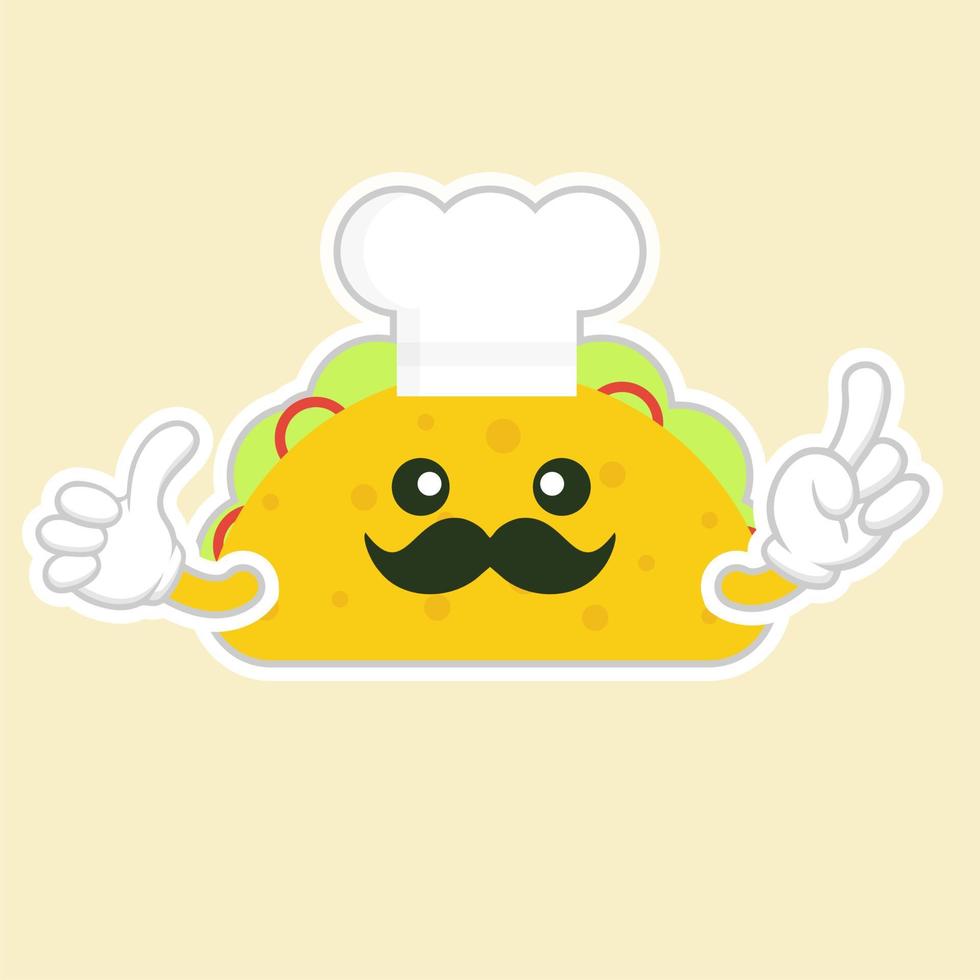 taco com personagem de chapéu de chef. deliciosos tacos fofos e kawaii com carne ou frango, molho de carne, salada verde e tomate vermelho. taco para design de eventos de restaurante ou café. comida mexicana vetor