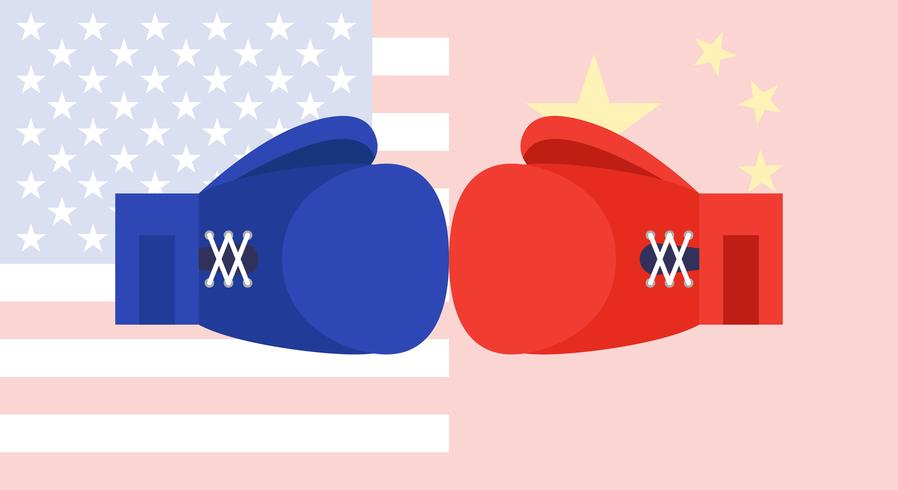 Luvas de boxe azul e vermelho com Estados Unidos e bandeira da China vetor