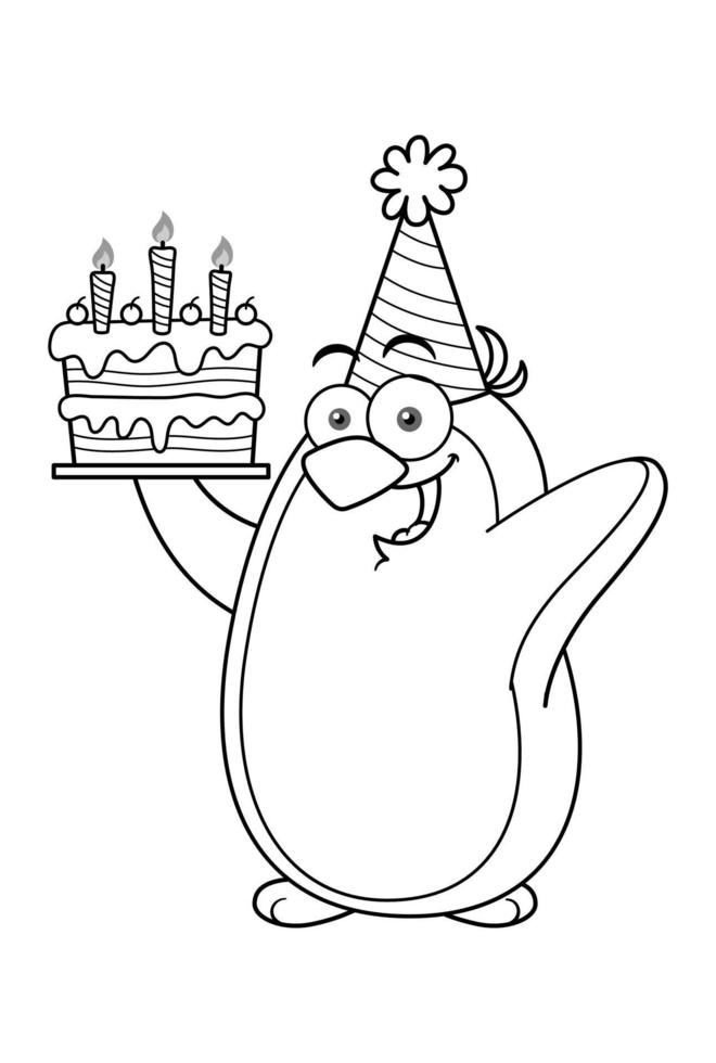 personagem de mascote de pinguim de desenho animado segurando o contorno do bolo de aniversário vetor