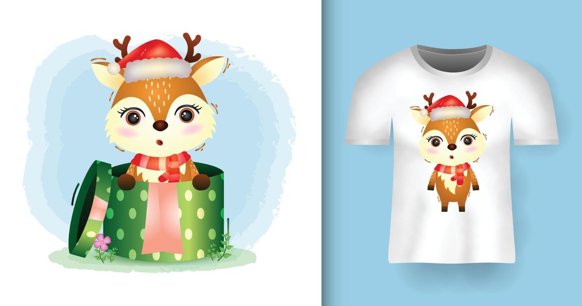 personagens de natal de veados fofos usando chapéu de papai noel e cachecol na caixa de presente com design de camiseta vetor