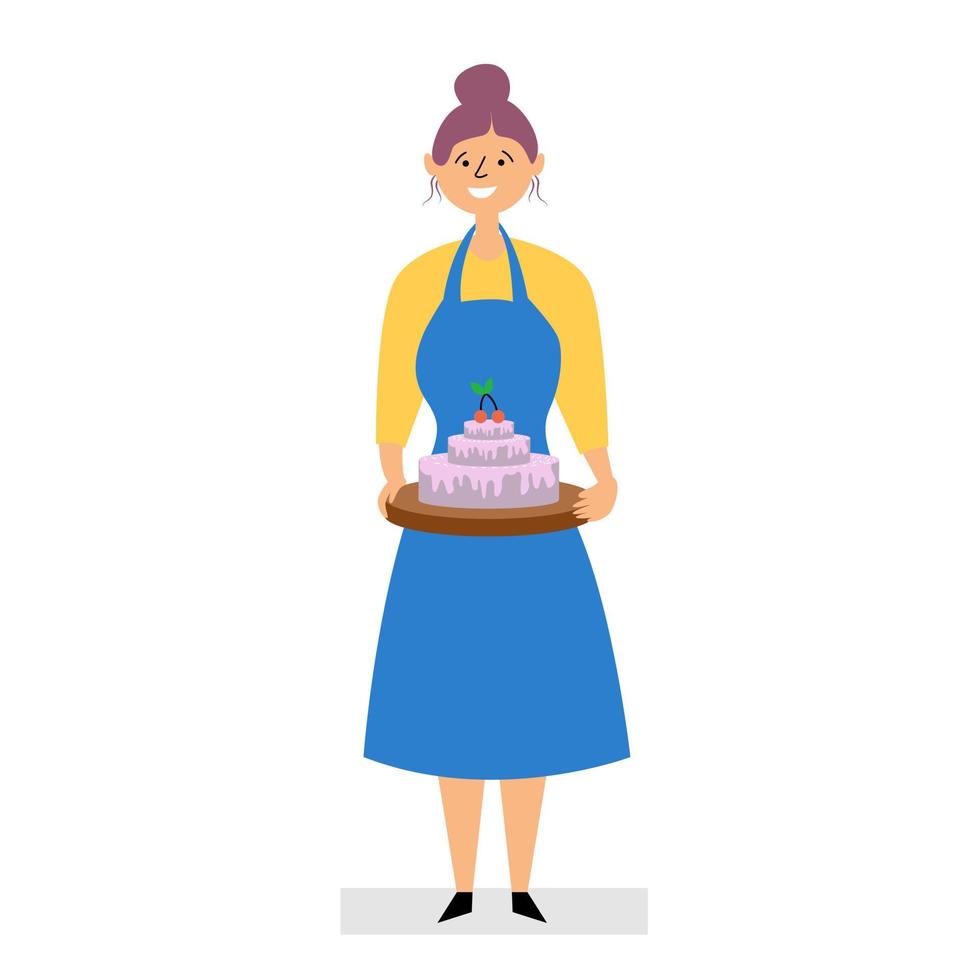 a garota fez um bolo em casa. pequenas empresas assando bolos em casa para encomendar. garota cozinheira sorri. avental para cozinhar vetor