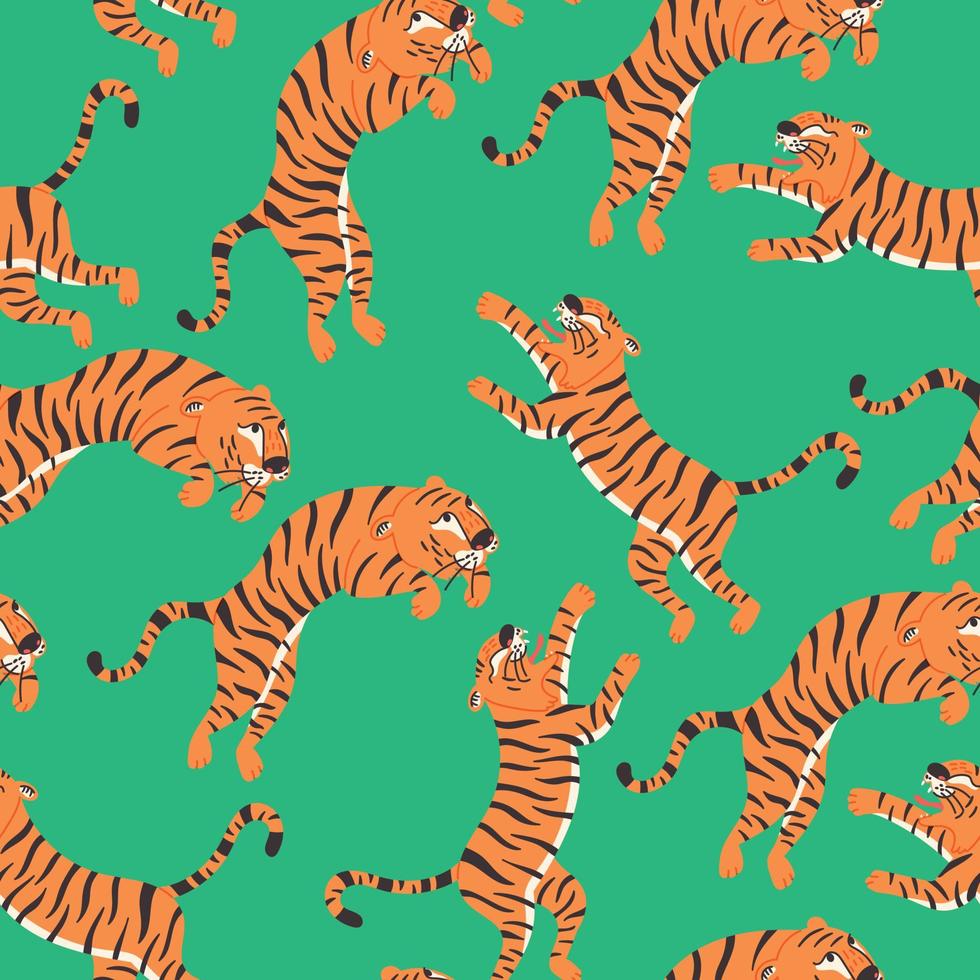 padrão perfeito atacando tigre em fundo verde vetor