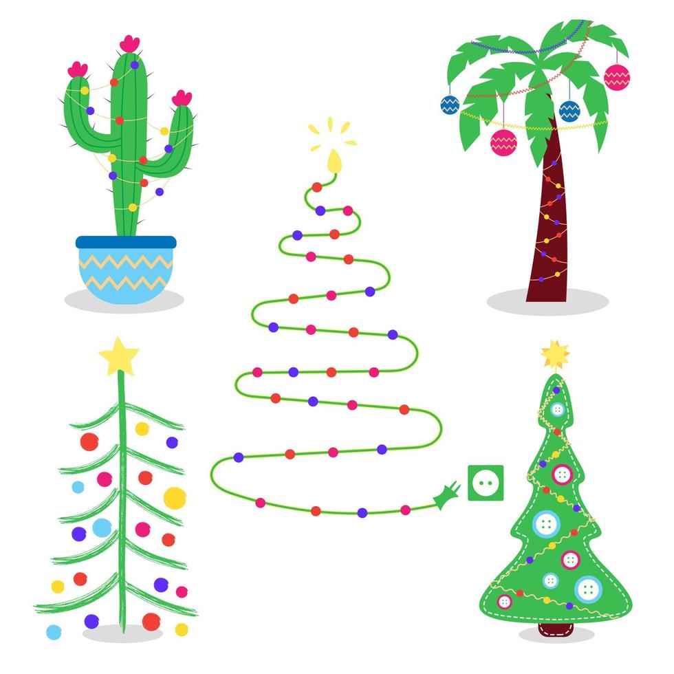 conjunto de árvores de natal criativas alternativas. cacto de natal, palmeira, árvore de natal costurada com botões, árvore de natal de guirlandas, desenho de crianças vetor