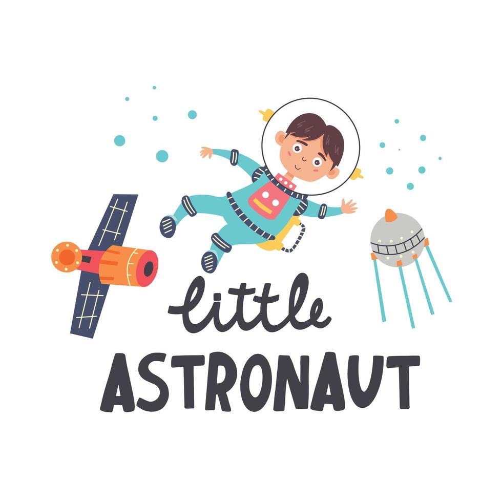 menino criança astronauta voa no espaço com satélites e estrelas vetor