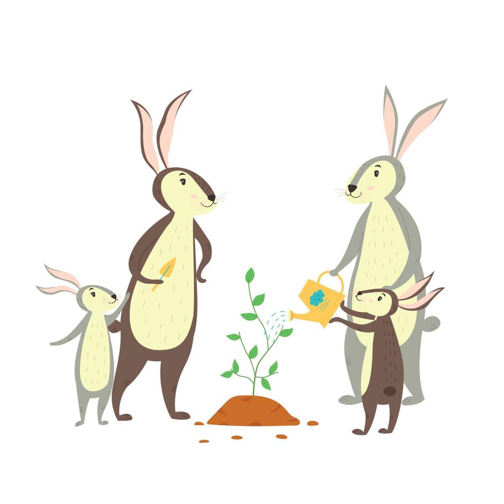 família de coelhos plantando uma árvore vetor