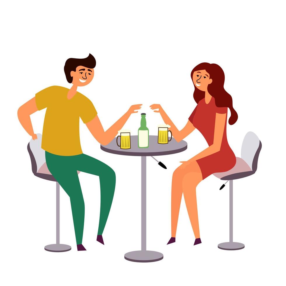 uma garota e um cara bebendo cerveja. um casal reunido em uma mesa comum bebendo e se divertindo. encontro romântico no bar. mesa de bar e cadeiras. bebida alcoólica vetor