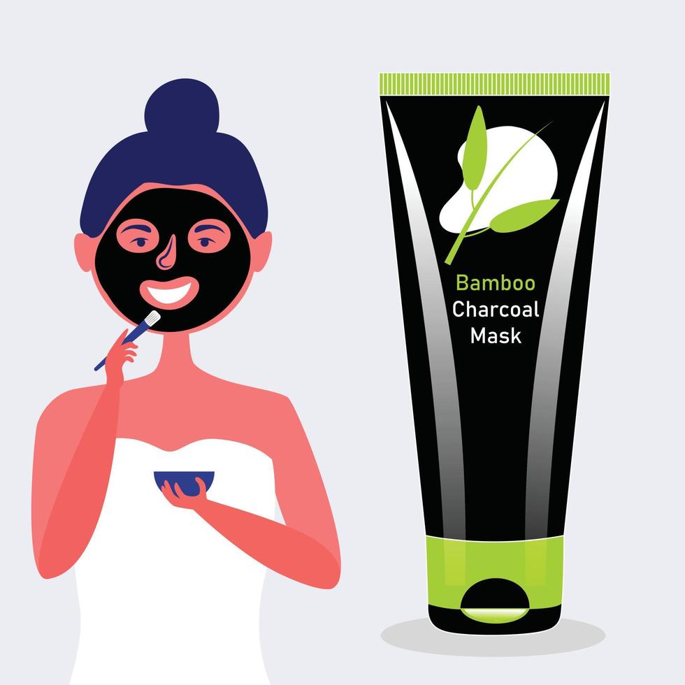 a garota coloca um pincel no rosto de uma máscara de carvão e bambu. máscara de carvão cosmética preta vetor