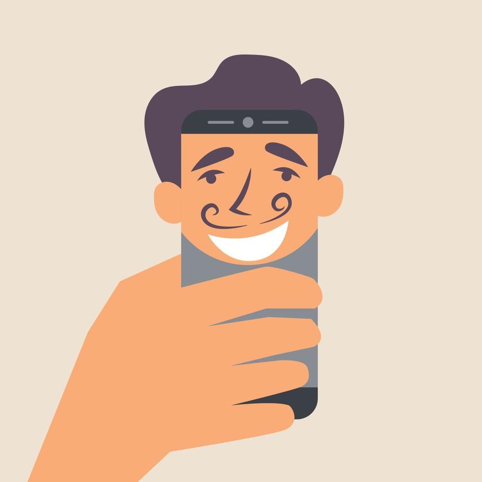 cara de selfie masculina no smartphone. fotógrafo vetor