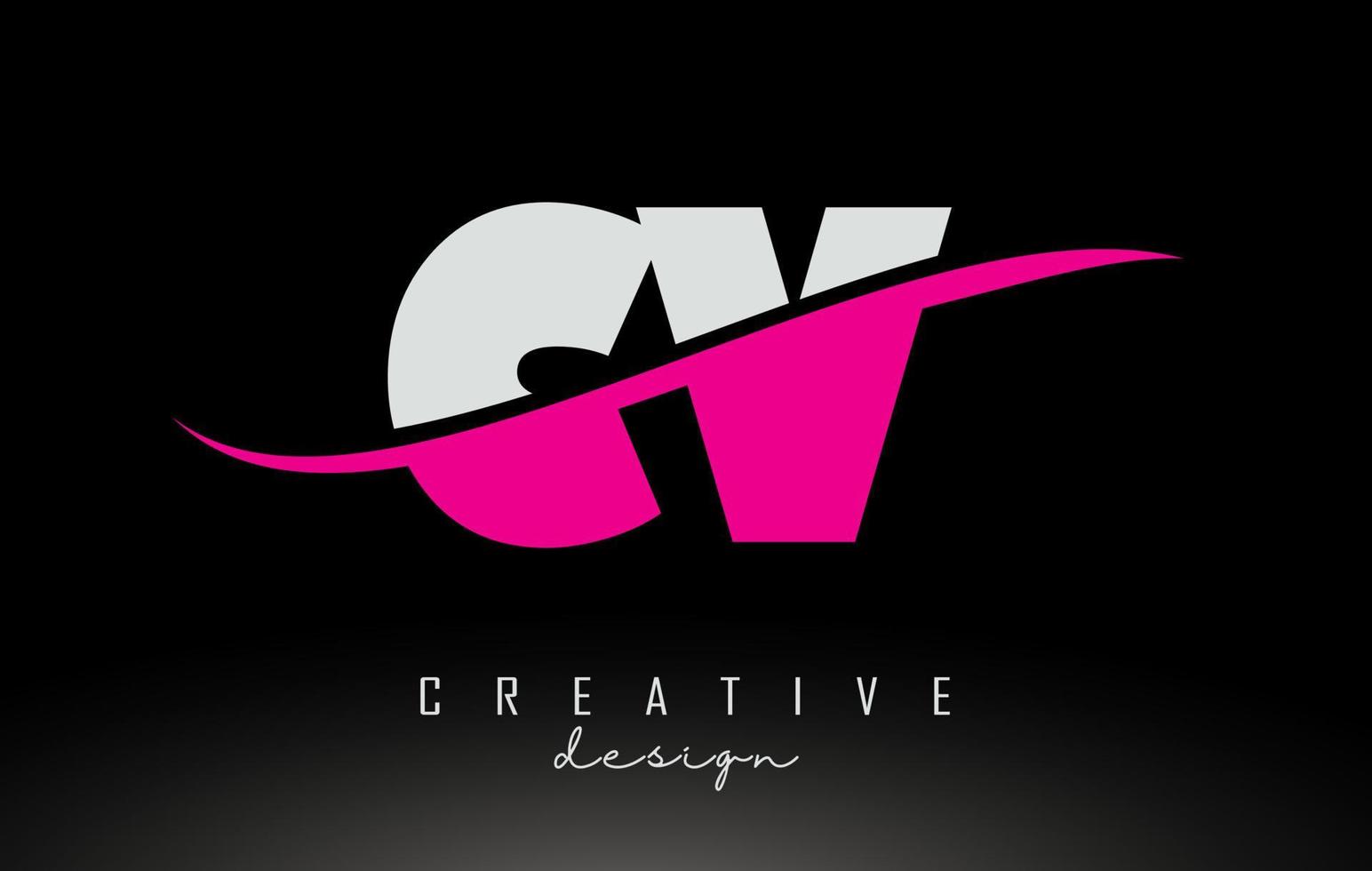 cv cv logotipo de letra branca e rosa com swoosh. vetor