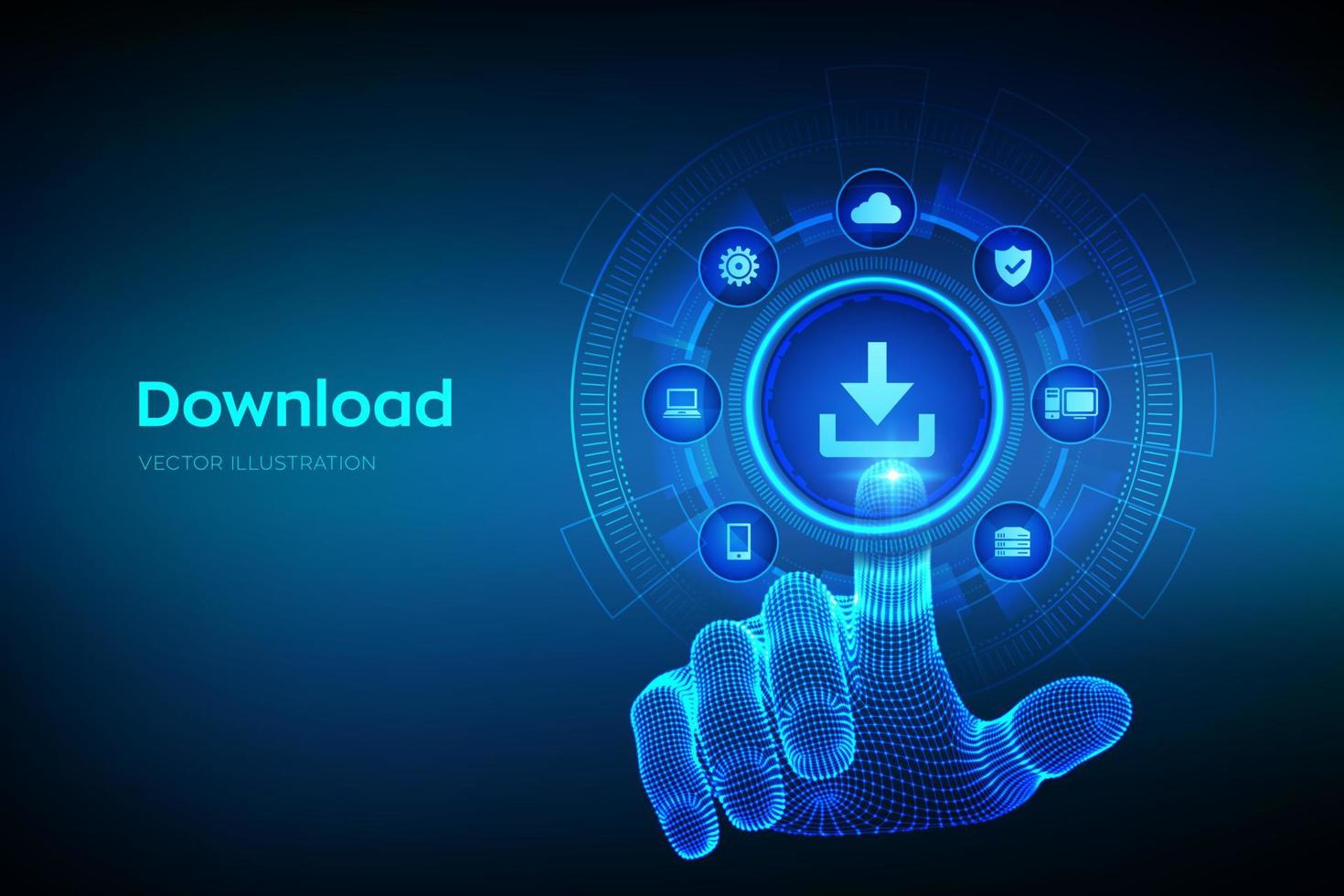 baixar armazenamento de dados. download na nuvem. símbolo de instalação. mão de wireframe tocando a interface digital. conceito de internet de rede de tecnologia de negócios. ilustração vetorial. vetor