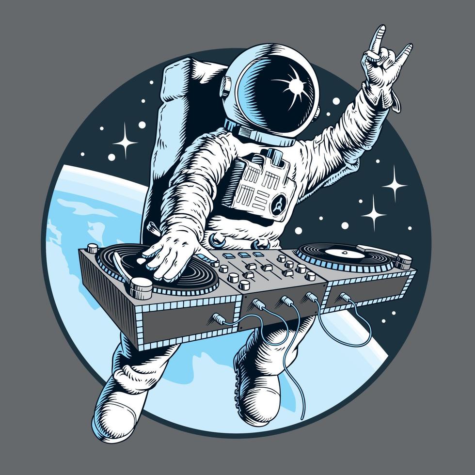 astronauta dj com plataforma giratória no espaço. ilustração em vetor estilo cômico festa disco universo.