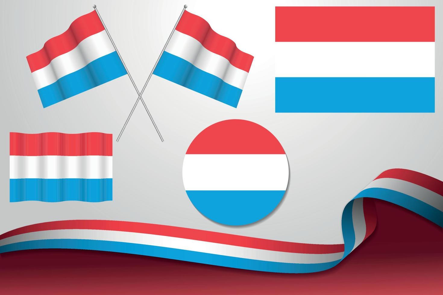 conjunto de bandeiras de luxemburgo em diferentes designs, ícone, bandeiras com fita com fundo. vetor livre