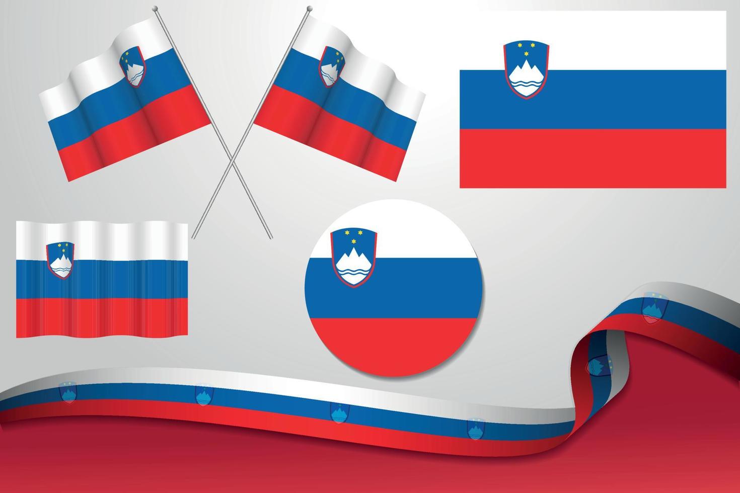 conjunto de bandeiras da eslovênia em diferentes designs, ícone, bandeiras com fita com fundo esfolados. vetor