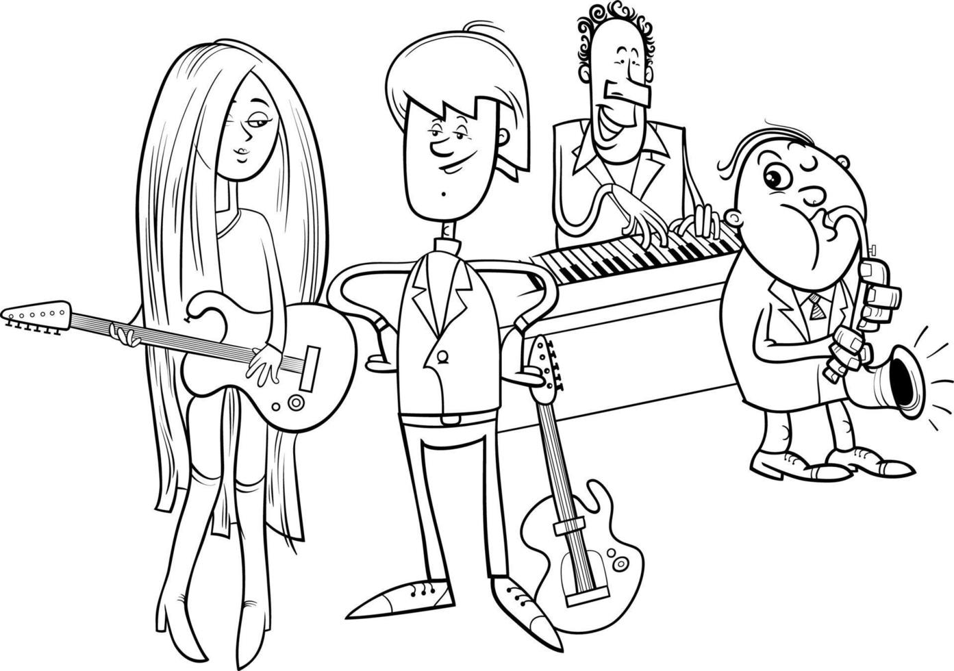 desenho de menina de desenho animado e cara com guitarras e banda musical para colorir vetor