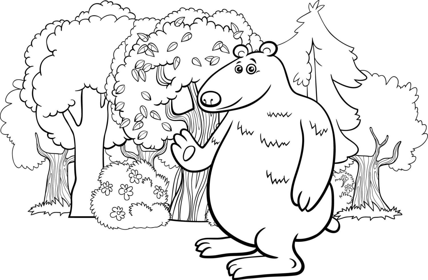 personagem animal urso dos desenhos animados e página do livro de colorir floresta vetor