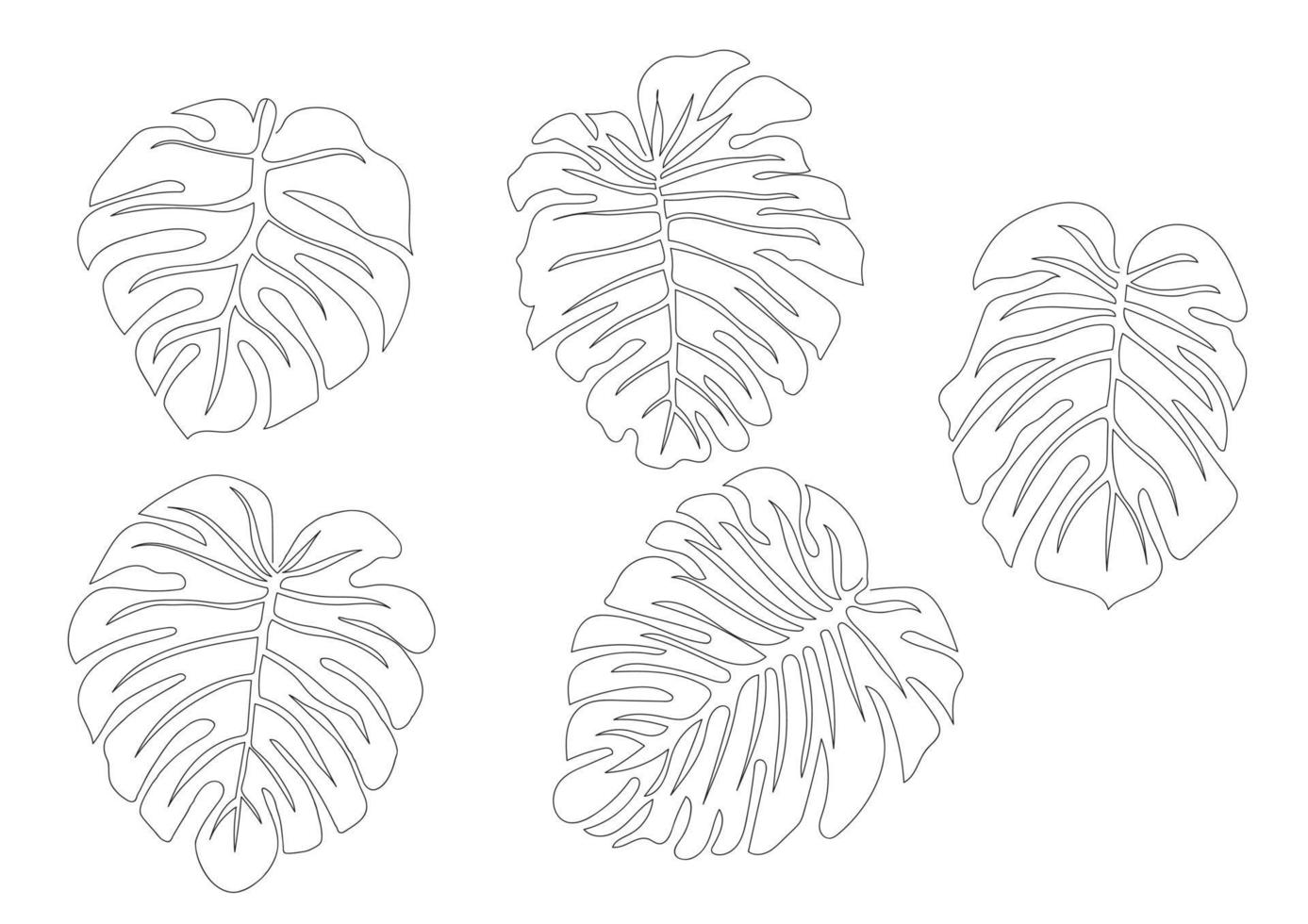 linha contínua monstera deixa o conjunto. desenho de contorno de folhas tropicais. uma ilustração de contorno de linha isolada no branco. arte minimalista moderna. único, simples esboço decorativo desenhado à mão. vetor