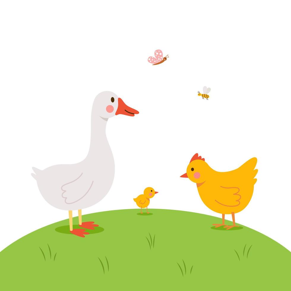 ganso bonito, galinha e pintinho estão andando em um prado verde vetor