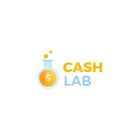 Logotipo do laboratório de dinheiro. Um laboratório ganha dinheiro. Um tubo de ensaio com uma moeda de dólar. vetor