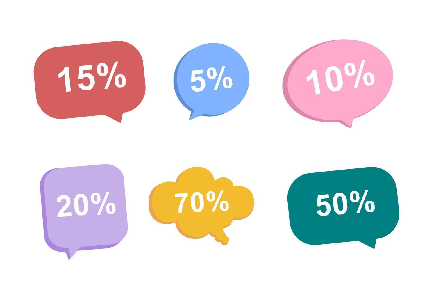 número de desconto 3D na bolha do discurso. oferecer design de conjunto de rótulos de desconto de venda. coleção de tags de desconto com percentual definido. 5, 10, 15, 20, 50, 70 por cento. etiqueta de promoção de venda por cento de ilustração vetorial. vetor