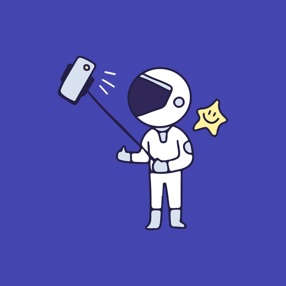 astronauta tira uma selfie com estrela, ilustração para camiseta, adesivo ou mercadoria de vestuário. com estilo cartoon retrô. vetor