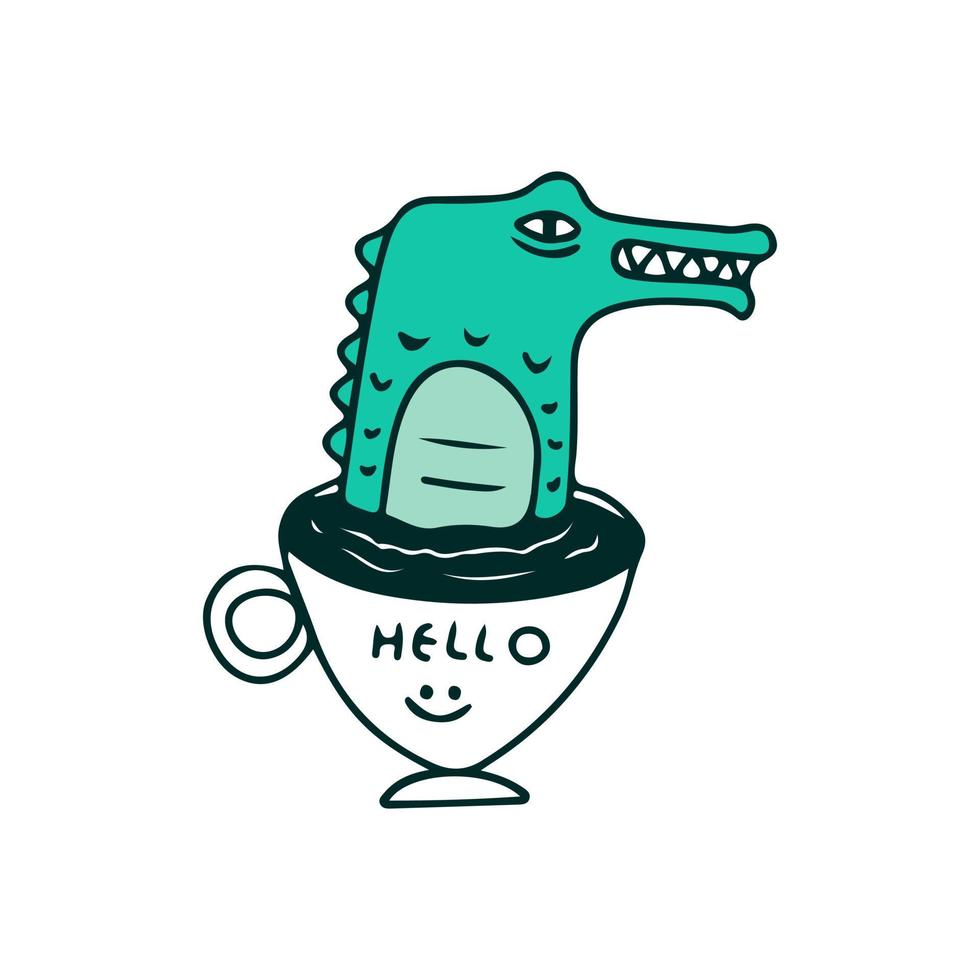 crocodilo e xícara de café, ilustração para t-shirt, adesivo ou mercadoria de vestuário. com estilo doodle, retrô e desenho animado. vetor