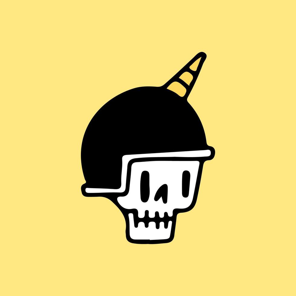cabeça de esqueleto usando capacete com chifre de unicórnio, ilustração para camiseta, adesivo ou mercadoria de vestuário. com estilo cartoon retrô. vetor